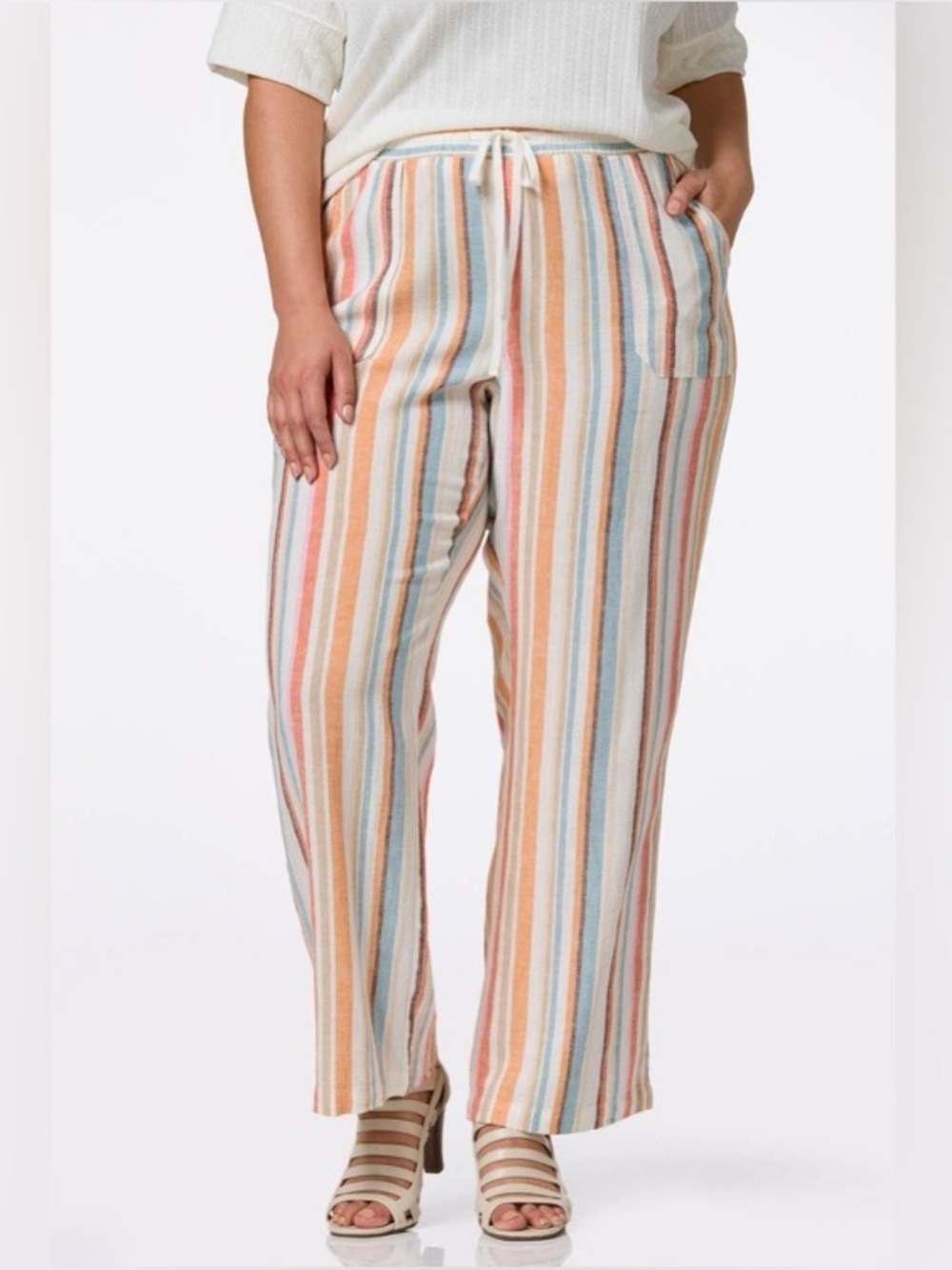 Cato Linen Blend Pastel Multi-Stripe Drawstring Wide-Leg Pants, Size Medium